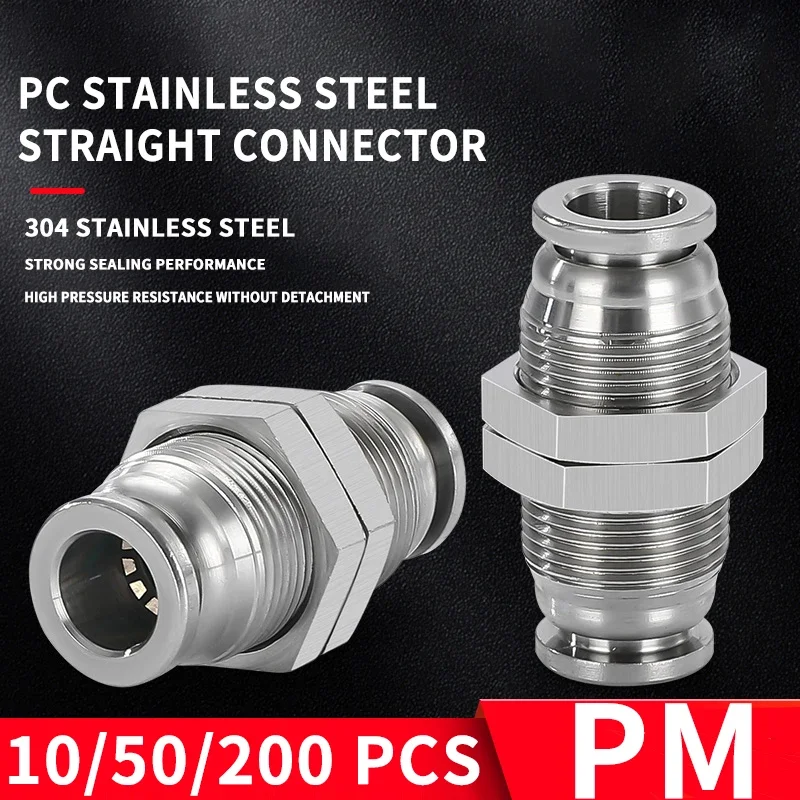 

10PCS PM 304 Stainless Steel Fitting Metal Pneumatic Quick Coupling 4 6 8 10 12 14 16mm Push In air Hose Connector