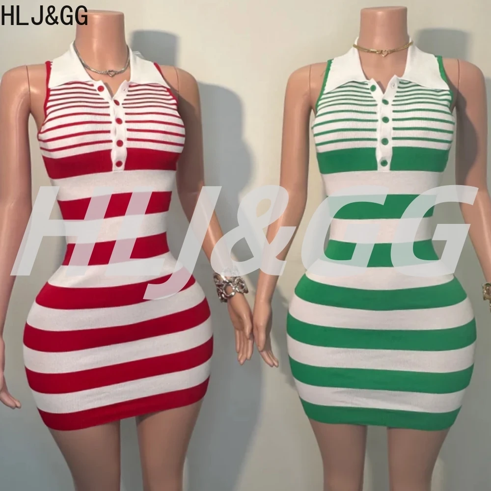 

HLJ&GG Sweet Fashion Stripe Knitting Bodycon Mini Dresses Women Lapel Sleeveless Slim Vestidos Summer New Female Streetwear 2025