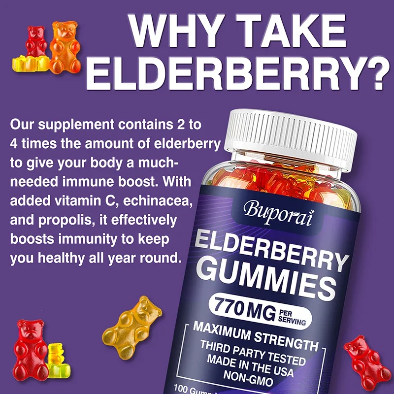 Elderberry Gummies - Dietary Supplement To Support A Healthy Immune System, Antioxidant Levels and Improve Nutrient Absorption