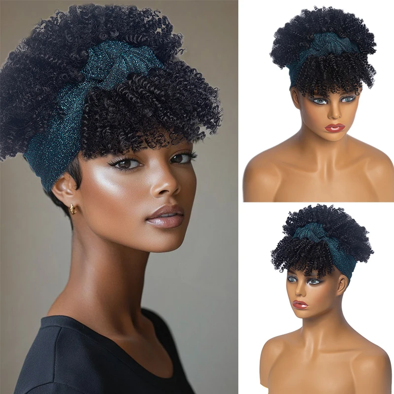 Short Afro Kinky Curly Headband Wig Afro Puff Curly Hair Wig with Headband Attached Synthetic Scarf Wigs for Black Women