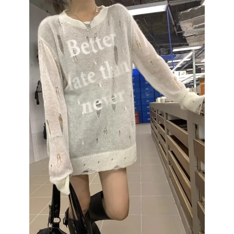 Deeptown Y2k White Hollow Out Women Kint Sweaters Harajuku Letter Pullovers See Through Korean Fashion Oversized Autumn Knitwear