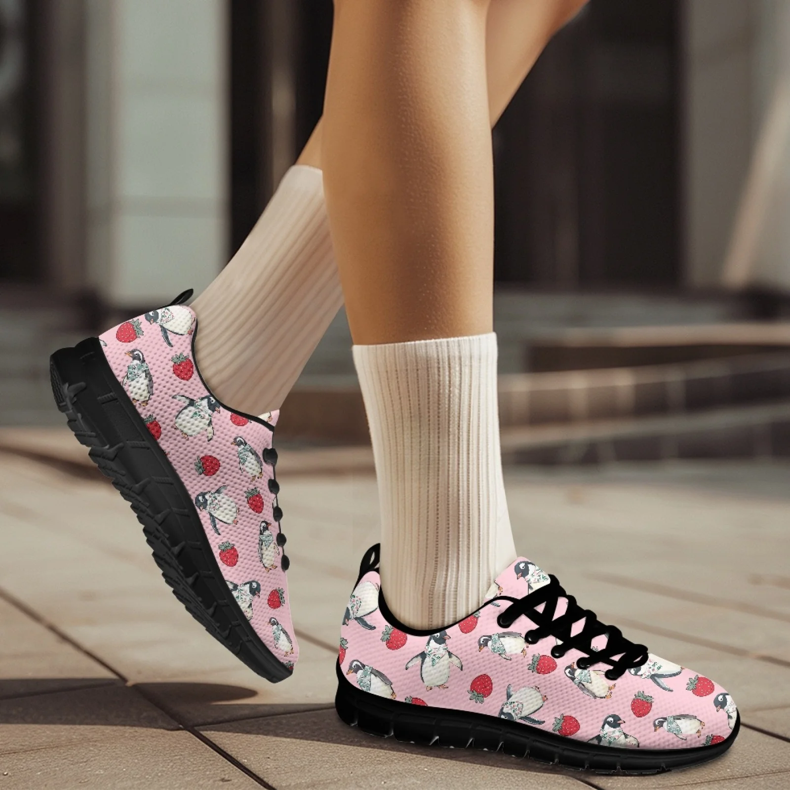 Women Flats Sport Casual Running Jogging Shoes Pink Penguin Print Mesh Woman Sneakers Summer Breathable Student Ladies Footwear