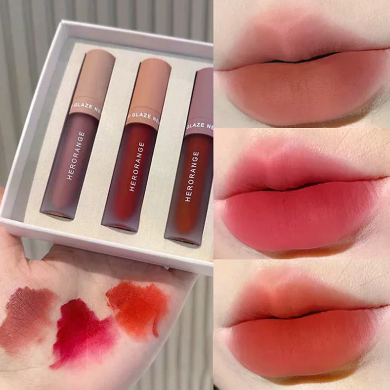 

HERORANGE 3Pcs/Box Lipstick Beauty Products Velvet Lip Gloss Hold Makeup Color Rendering Matte Lip Gloss Lip Makeup