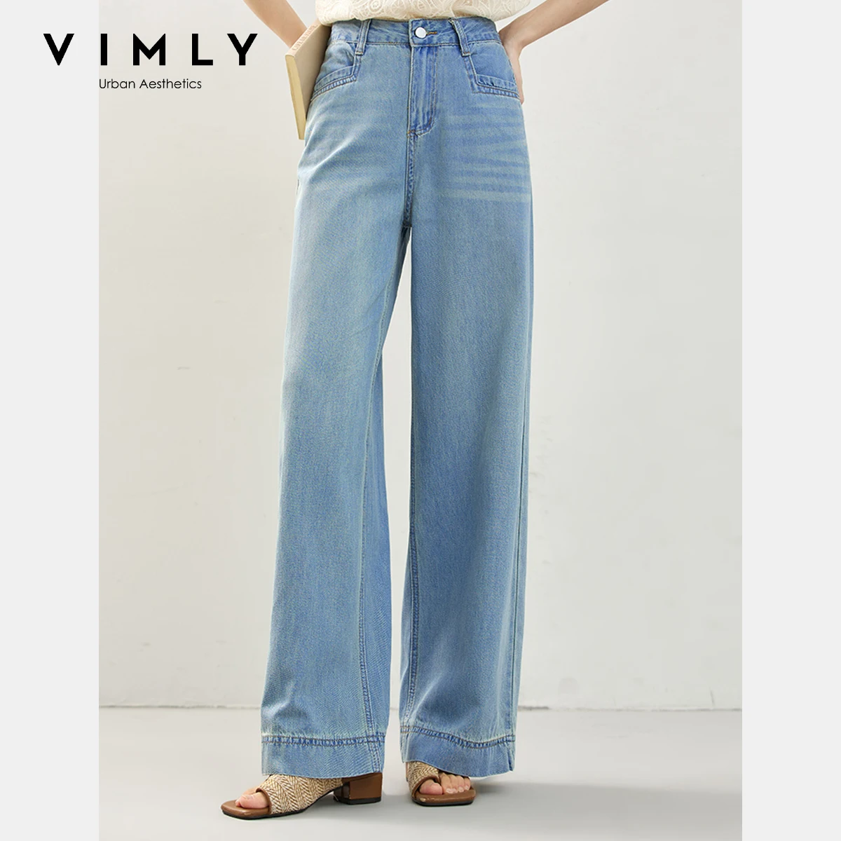 

VIMLY Women‘s Jeans 2025 Summer Casual Long Denim Ladies Pants Light Blue Straight Pants Wide Leg Button Jeans Femmes 30276