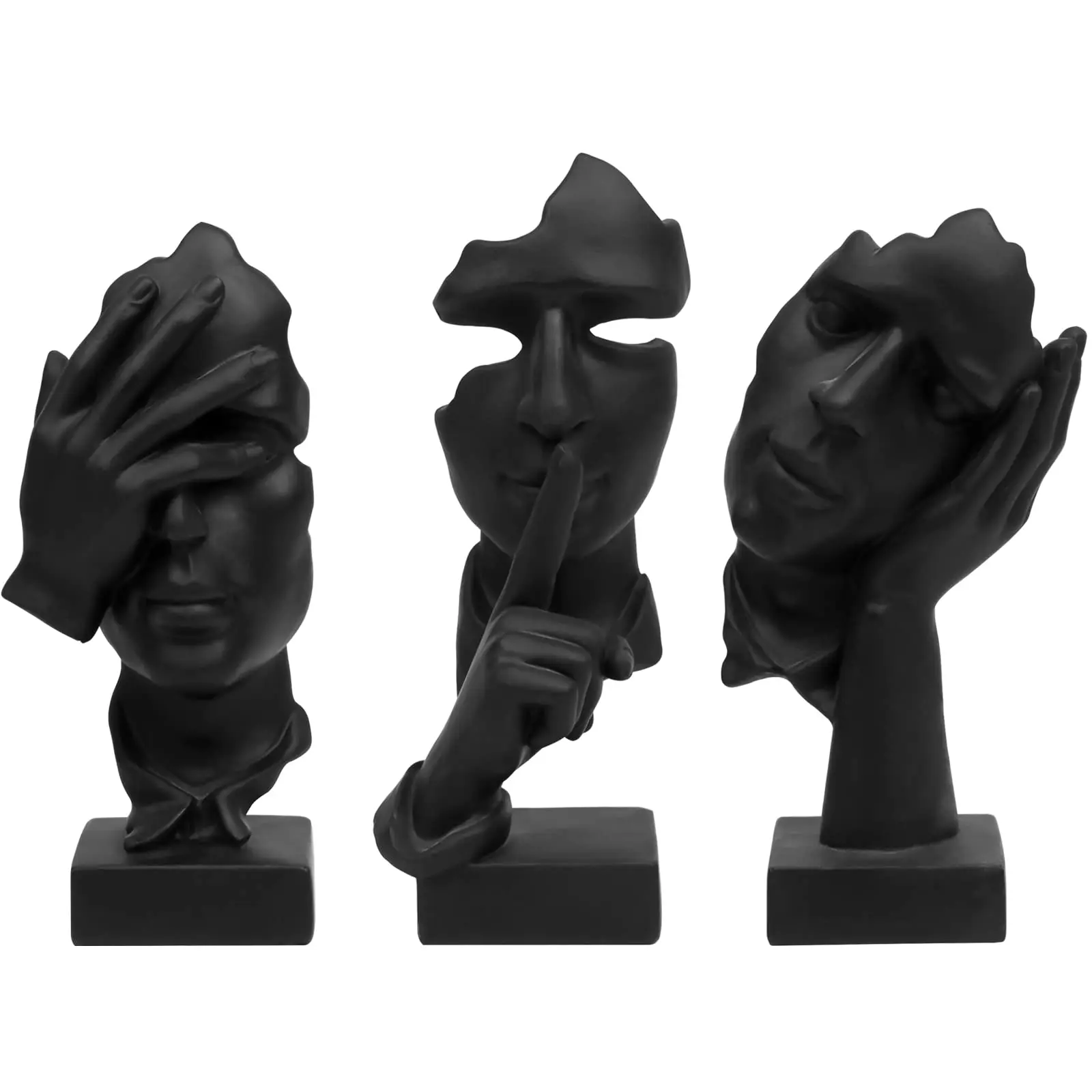 

3 Black Resin Abstract Head Sculptures Set, Modern Art Style, "Silence Ignorance Thinking" Theme, Decorative Ornaments for Home