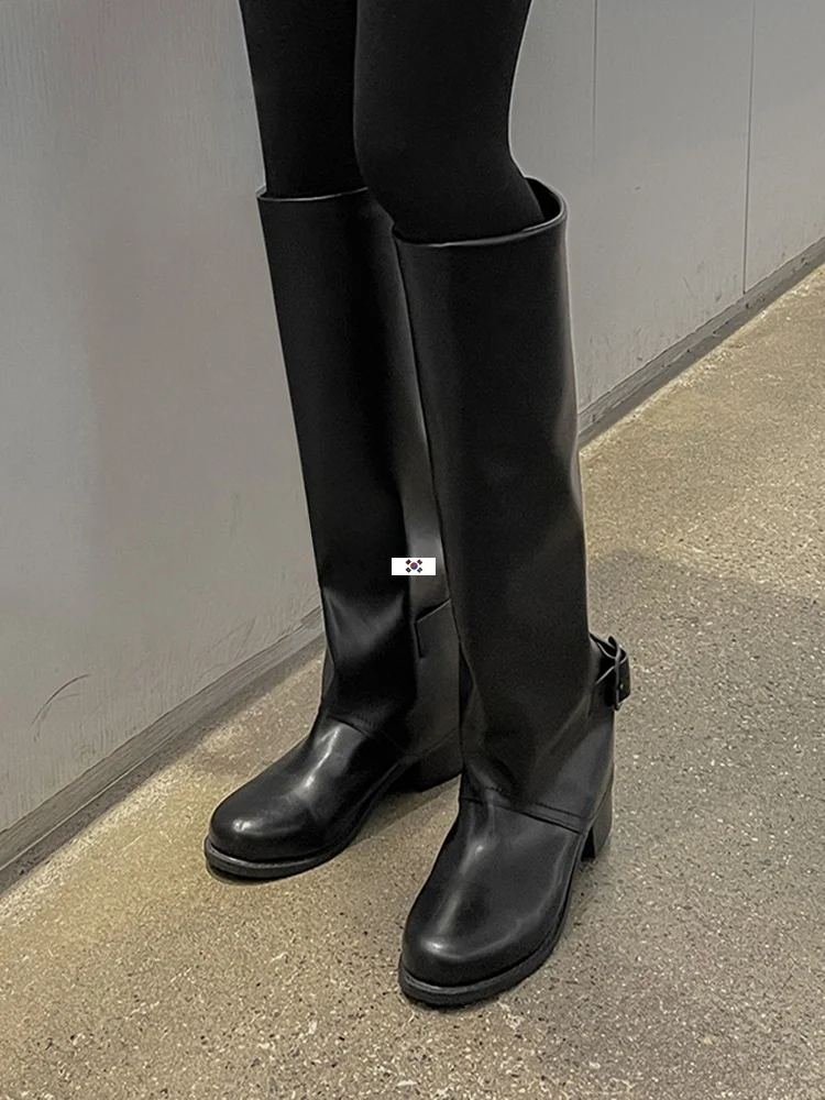 

High-Tube Belted Straight-Leg Vintage Pants Booties Korean Style Fashion Boots for Young Women Spring Autumn Season