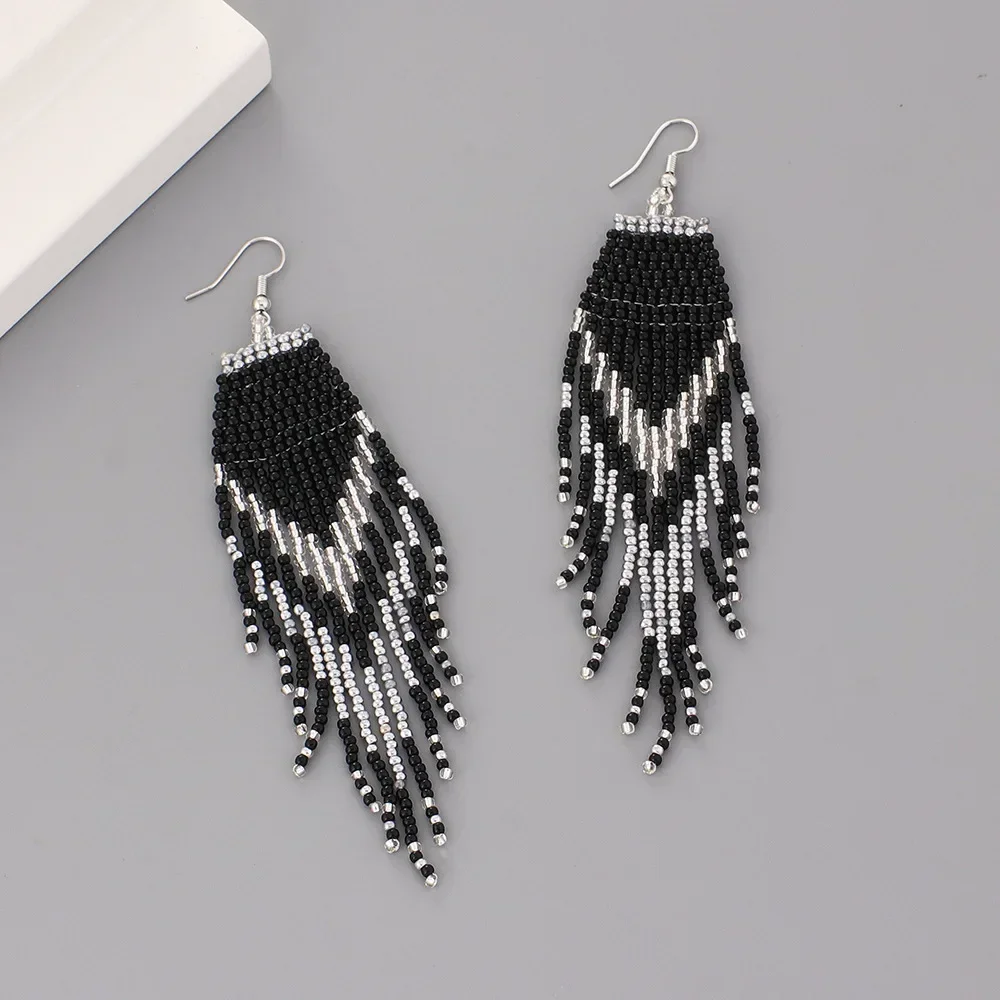 Rice Bead Earrings  Hand knitting  Beaded  Simplicity  black  Retro  Bohemia  geometry  alloy  ma'am  Tassel Earrings