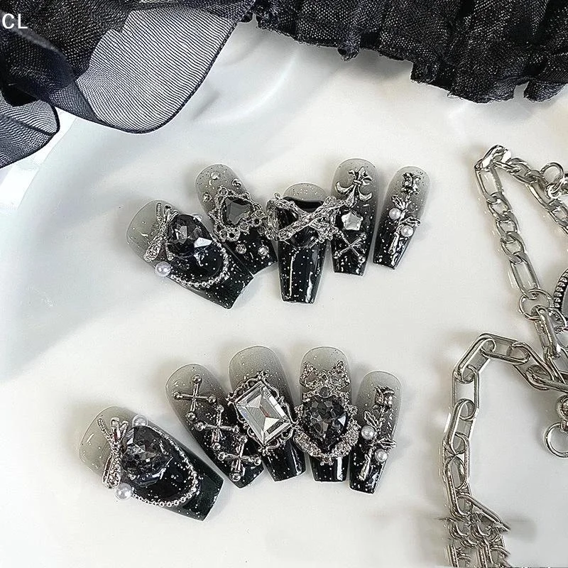 AttireTrove10Pcs Coffin Shaped Nails, Beautiful Fake Nails, Dark Gothic Nail Art, Cool Metal Decoration, Suitable For Women