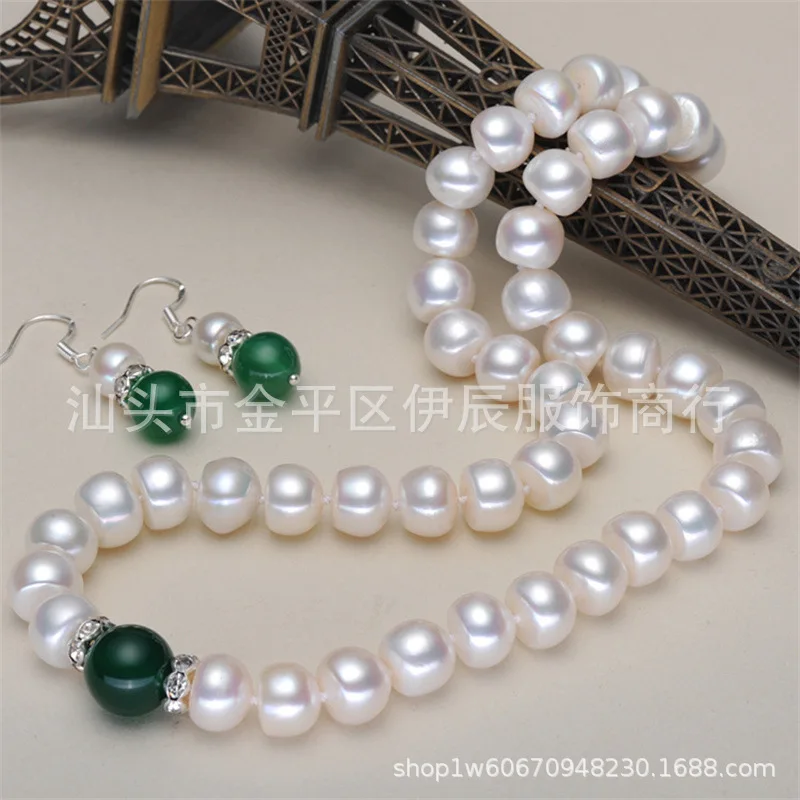 8-9Mm Freshwater White Pearl Necklace Agate Chalcedony Set Earrings