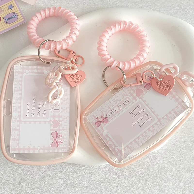 1PC Ins Style Bus Student ID Badge Holder Idol Photocard Holder Pink Love Clouds Gradient Card Cover with Cute Pendants Keychain