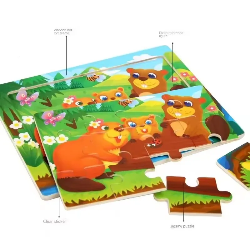 Wooden Jigsaw Puzzle Cartoon Animal Parent-child Theme Puzzles Game Kids Montessori Educational Toys for Children Gifts