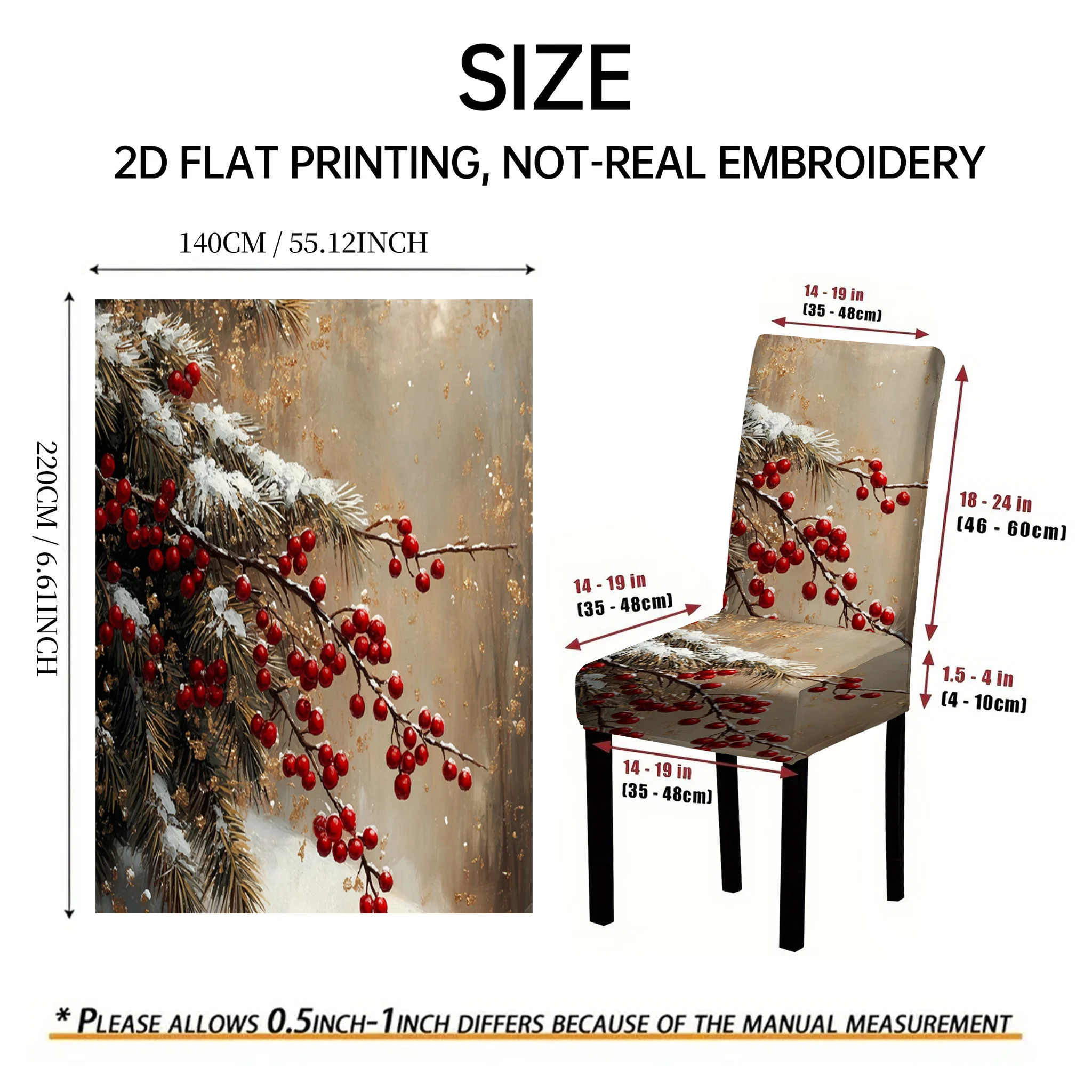 2/4/6 PCS Christmas snow pine branches red berries painting elastic dining chair cover, winter snow pattern Christmas decoration
