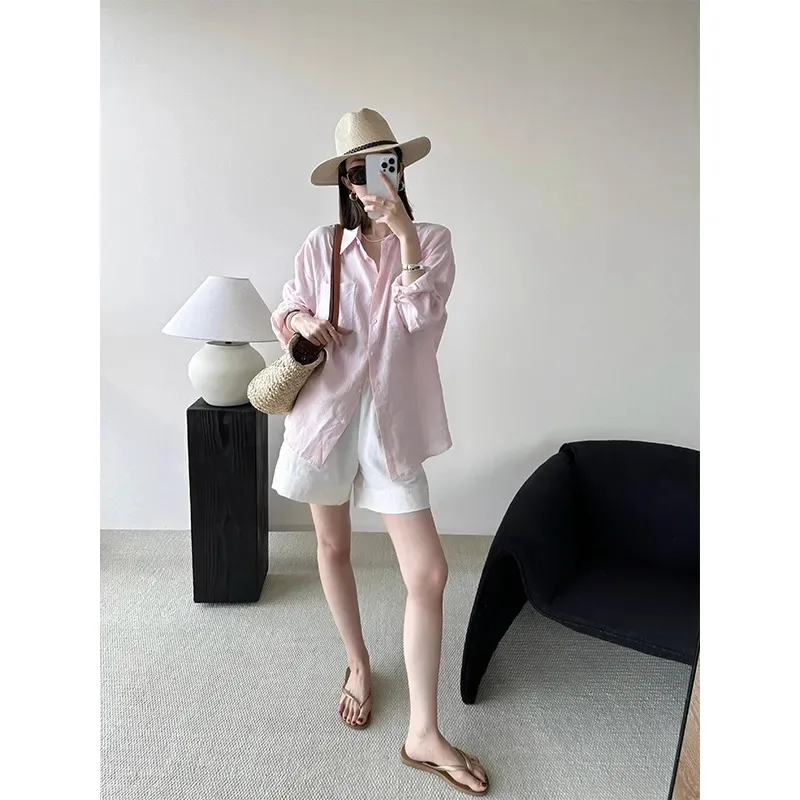 

Женская розовая хлопково-льняная рубашка на пуговицах, повседневная, свободного кроя, с длинным рукавом и нагрудным карманом