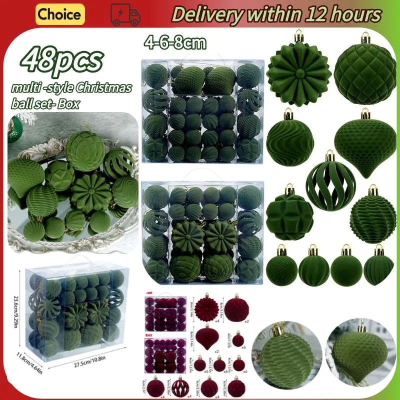 

48pcs Christmas Decorative Balls PVC Flocking Christmas Ball Pendant 4/6/8cm Set Christmas Ball Home Decoration Products Box Set