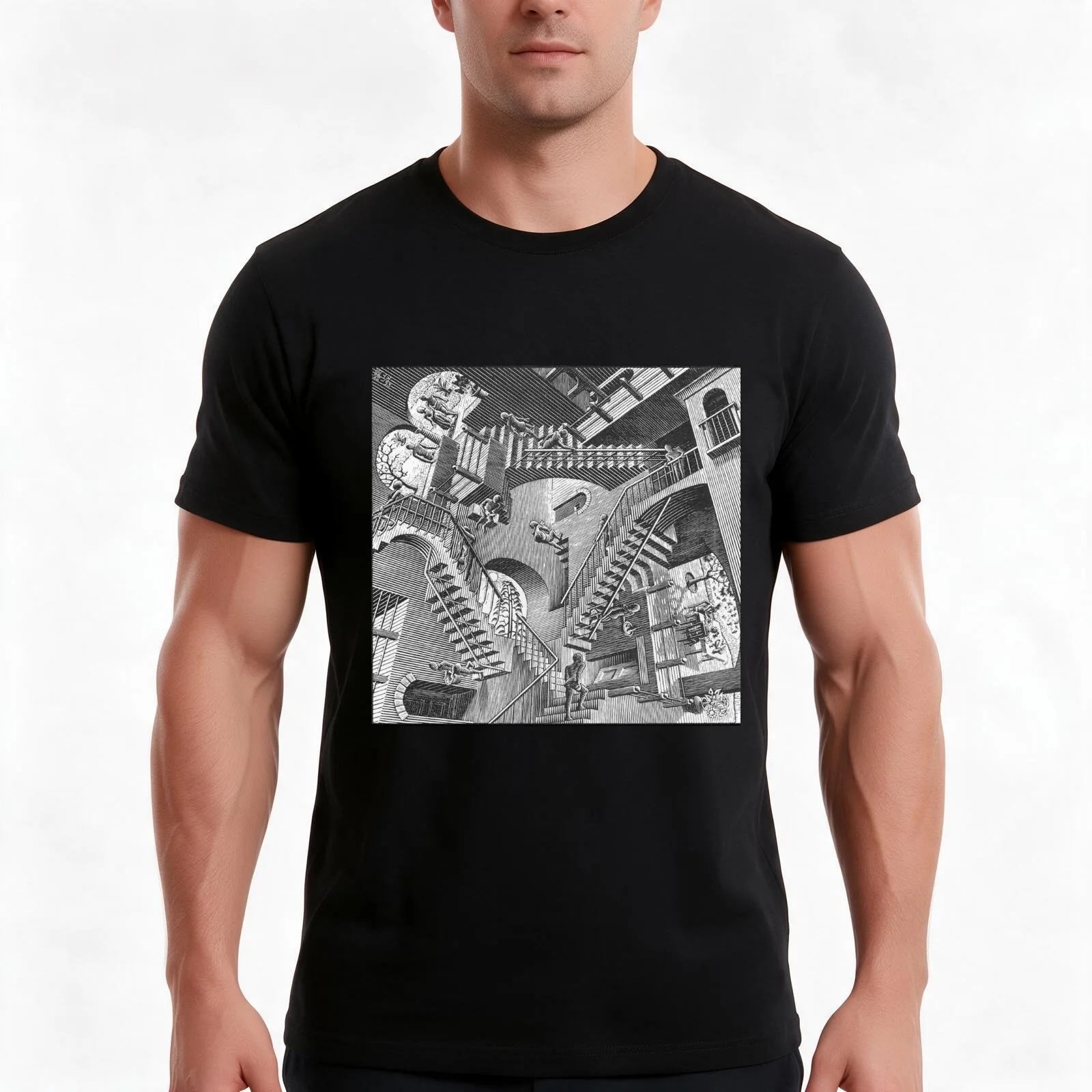 Escher relativity geometry geometric stairs mathematic T-Shirt, Summer Casual Cotton Tee, Oversized Streetwear Tops, 100% Cotton