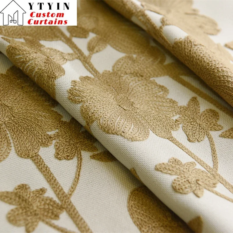 

Custom Size！！Modern Pastoral Imitation Cotton and Linen Embroidered Blackout Elegant Curtains for Living Dining Room Bedroom