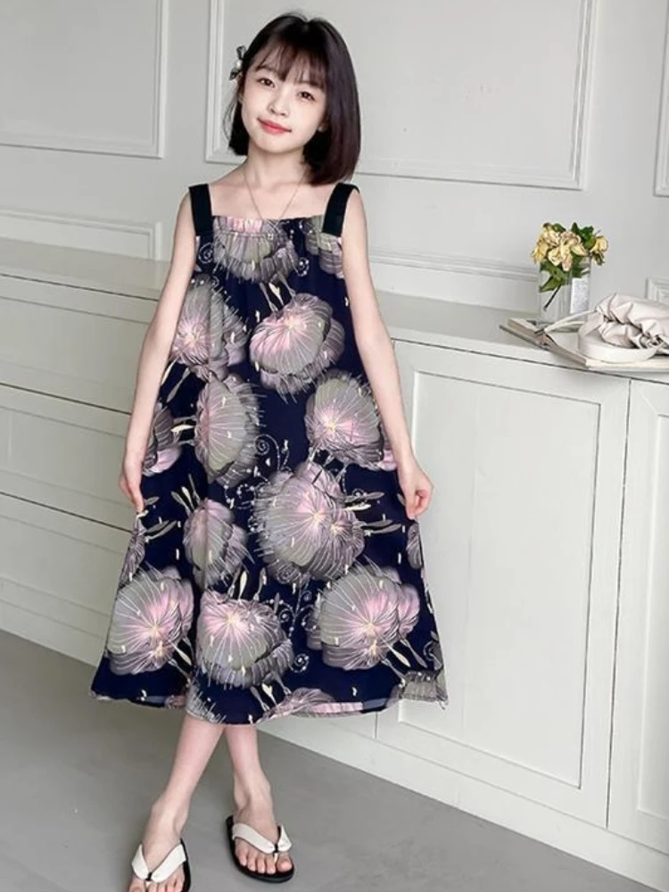 Summer Cool Girls Cartoon Sleeveless Nightgown Lightweight Home and Outdoor Dress for Air Conditioning