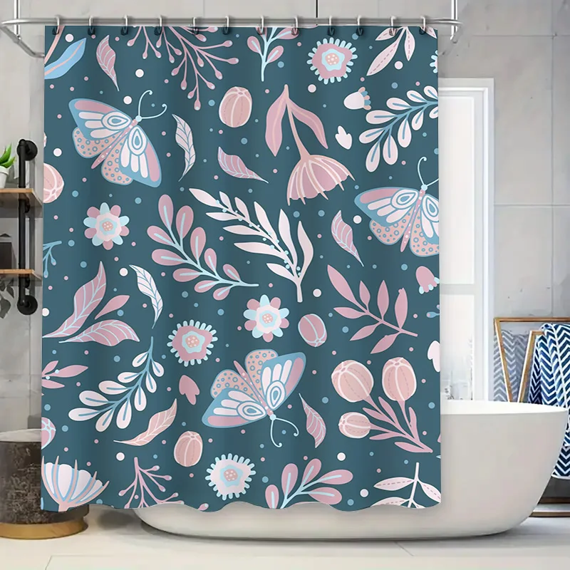 Delightful Floral Butterfly Shower Curtain Pink Blue Watercolor Pattern for Bathroom Decor Waterproof Fabric, Size 72x78 Inches