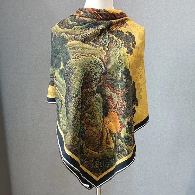 Birdtree 50%Real Silk 50%Wool Scarve Double-sided Ancient Chinese Style Painting Comfortable Mom's Gift Shawl Spring A41407QD