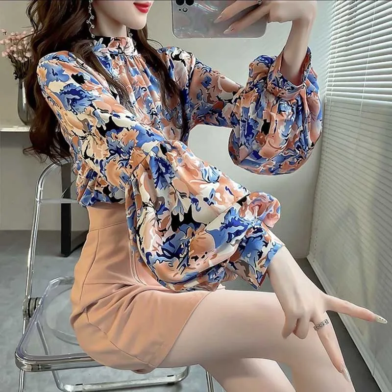 Vintage Printing Folds Floral Lantern Sleeve Blouses Women Clothing 2024 Spring Summer New Loose Korean Tops Office Lady Shirts