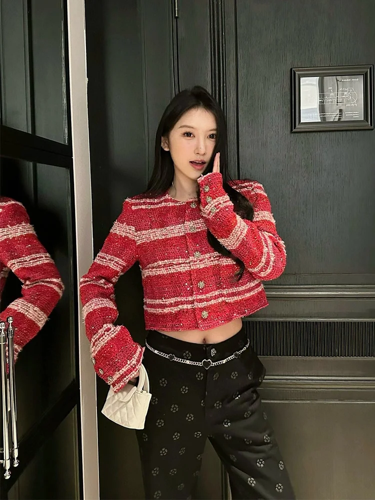Red Bouclé Jacket Women's Fashion 2026 New Style Elegant High-End Feeling Knitted Outerwear Commute Style Polyester Nylon Com...