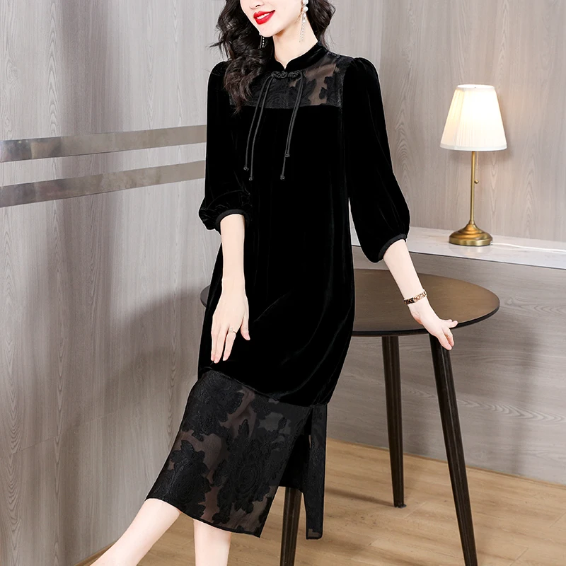 2023 Autumn/Winter New Black Silk Hollow out Velvet Dress O-Neck Velvet Loose Large Mesh Panel Casual Slim Knee Long Dress Gown