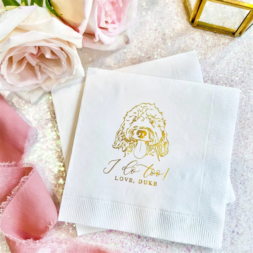 

50 PCS Custom Illustrated Dog Wedding Napkins, Bridal Shower, Engagement Party, Custom Bar Napkins, Custom Pet Wedding Napkins,