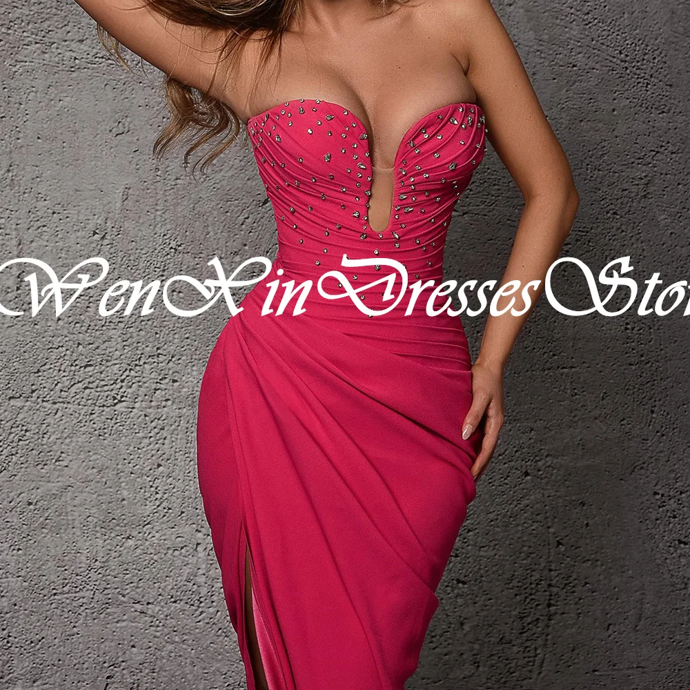 Customized Exquisite Crystal Jersey Evening Dress Delicate Strapless Straight Sleeveless Floor Length Floor Length