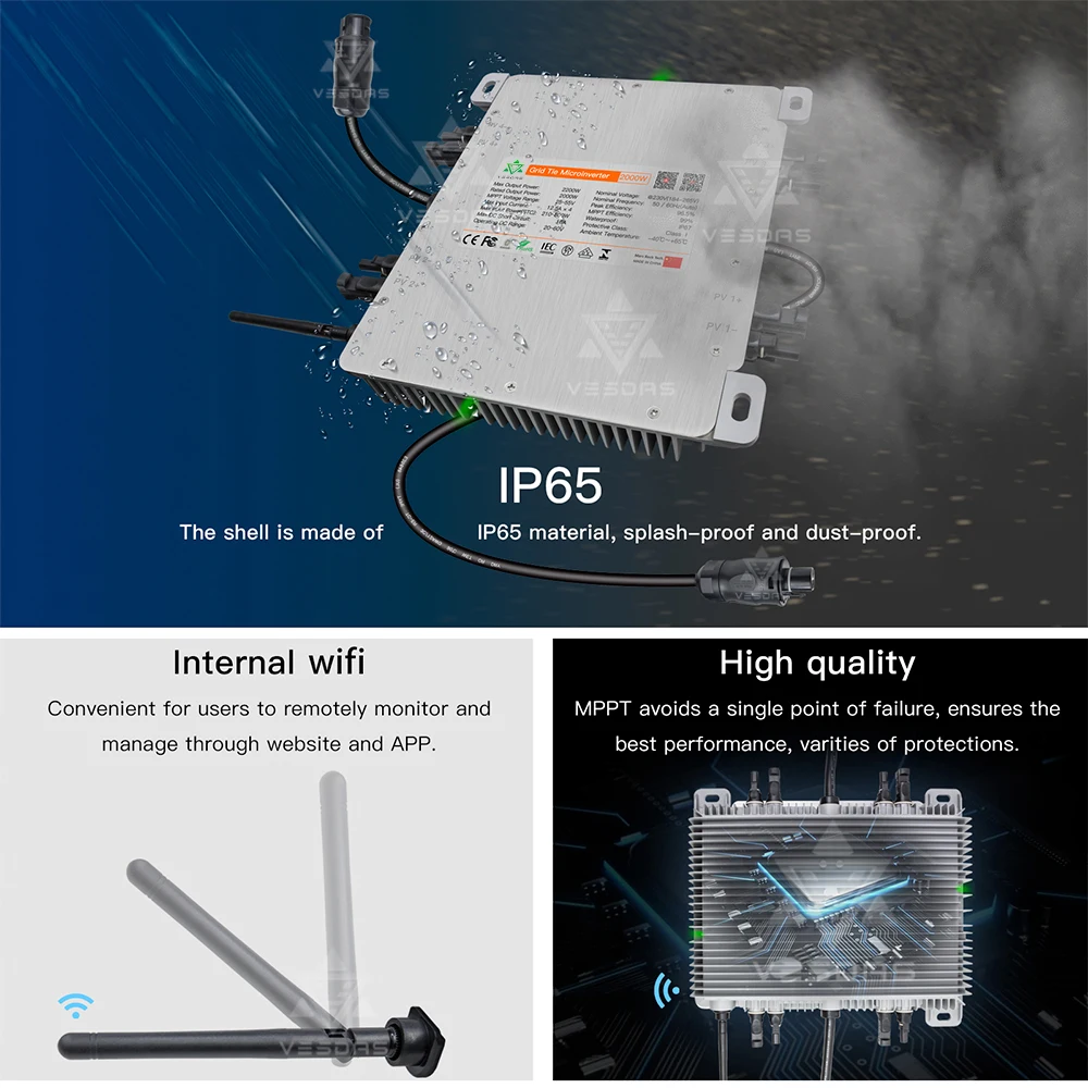 2000W 20-60VDC Solar Grid Connected Micro Inverter, MPPT Pure Sine Wave Converter, Built-In WiFi Intelligent Inverter