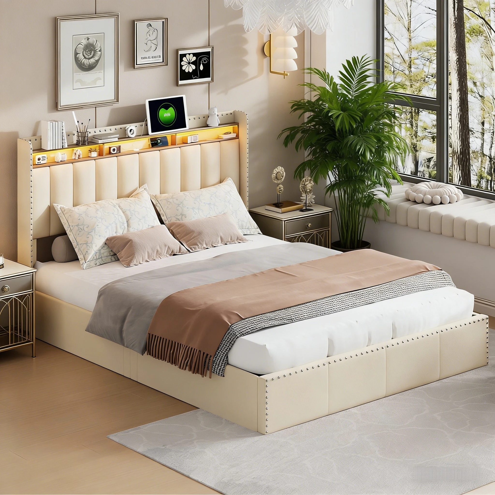 Cama Doble Anajqaqia 140x200cm, Estructura Tapizada en Beige - con Barra de Luz LED, Puerto USB, Almacenamiento con Elevación por Presión de Aire