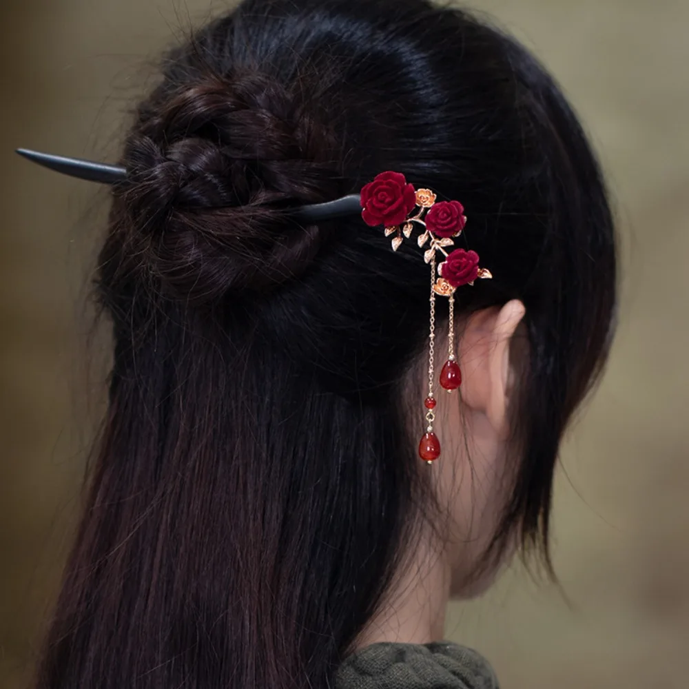 

Hanfu Hair Sticks Red Rose Chinese Hair Stick Retro Ancient Style Flower Hair Forks with Tassel Handmade Vintage Hairpin Wedding