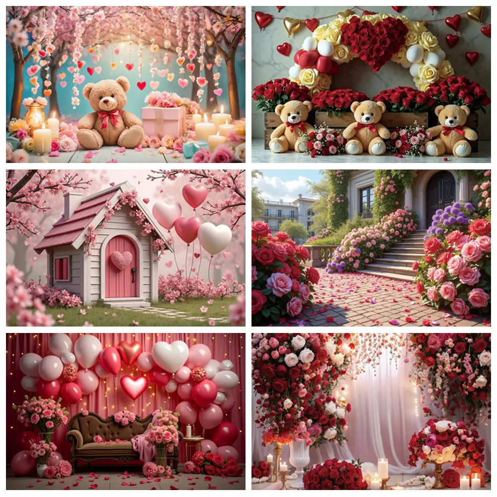 MOON.QG Floral Valentine's Day Photography Background Steps Front Gate Pink Rose Photozone Backdrop Couple Photobooth Props