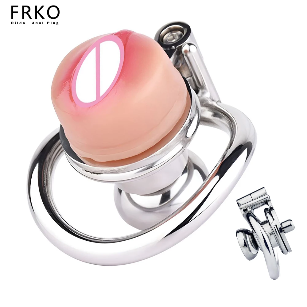 

FRKO Screw Lock Metal Penis Chastity Cage Device With Removable Real Pink Silicone Clitoral Pussy Cock Lock Belt BDSM Sissy Boys