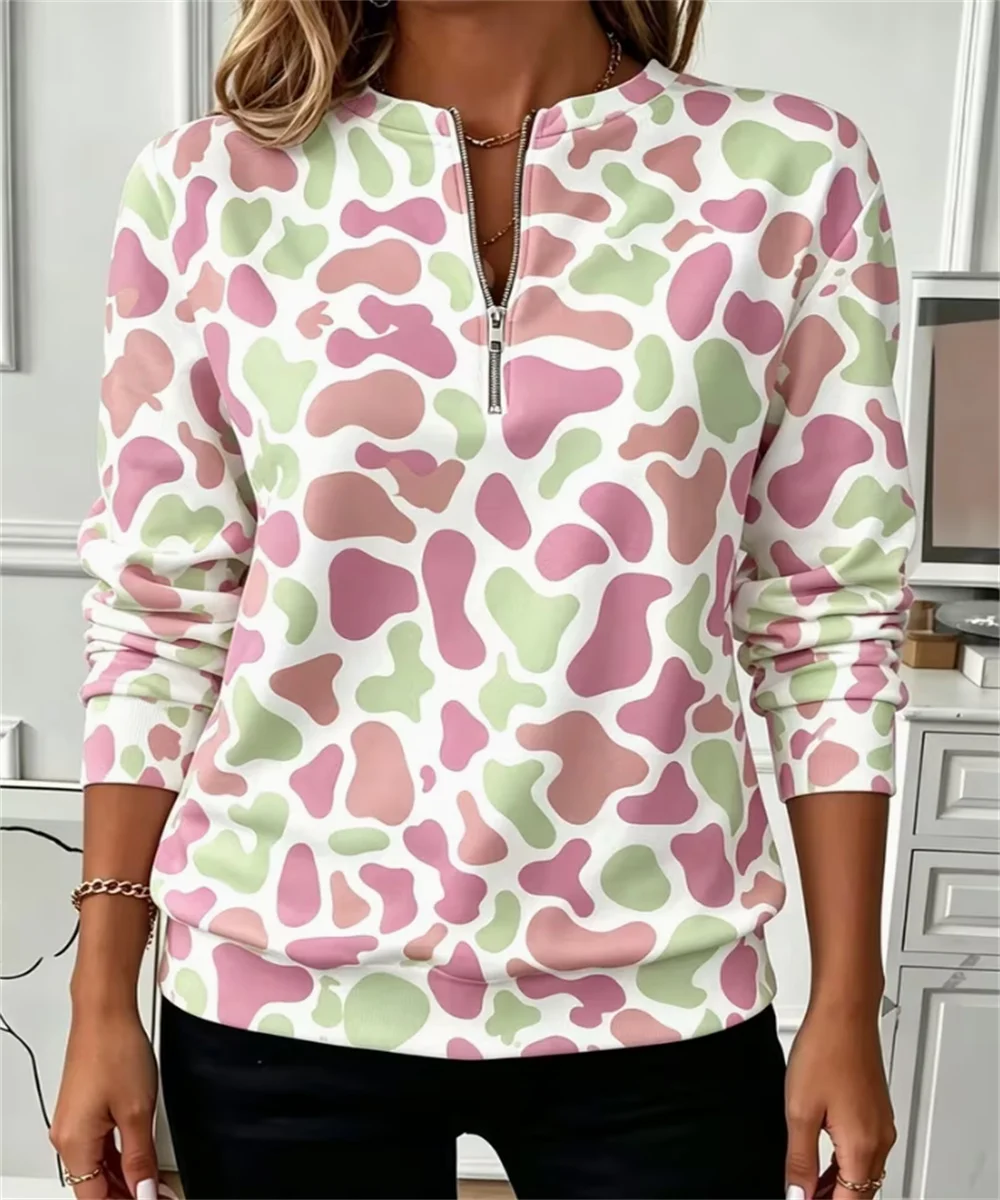 2026 Spring and Autumn Women's New Abstract Camo/Irregular Color Block Printed Long Sleeve Hoodie, Casual Top