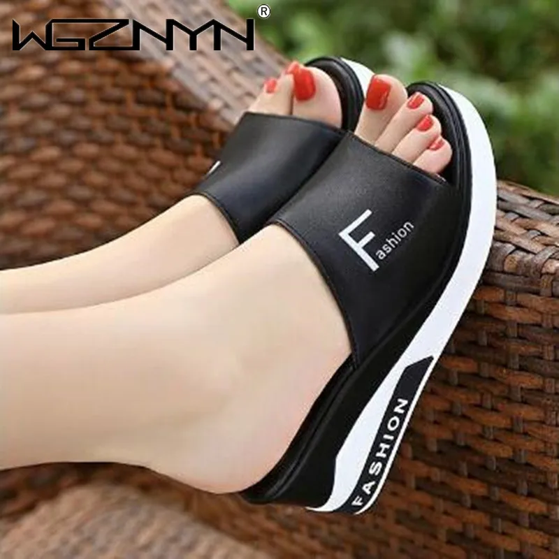 Summer Women Slipper Wedges Leather Slip on Casual Beach Slides Platform Ladies Shoes Height Increasing Chunky Zapatos De Mujer