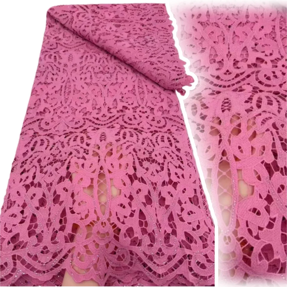 

Pink African Guipure Cord Lace Fabric New High Quality Nigerian Water Soluble Lace Fabrics 5 Yards for Wedding Dress Party 2050