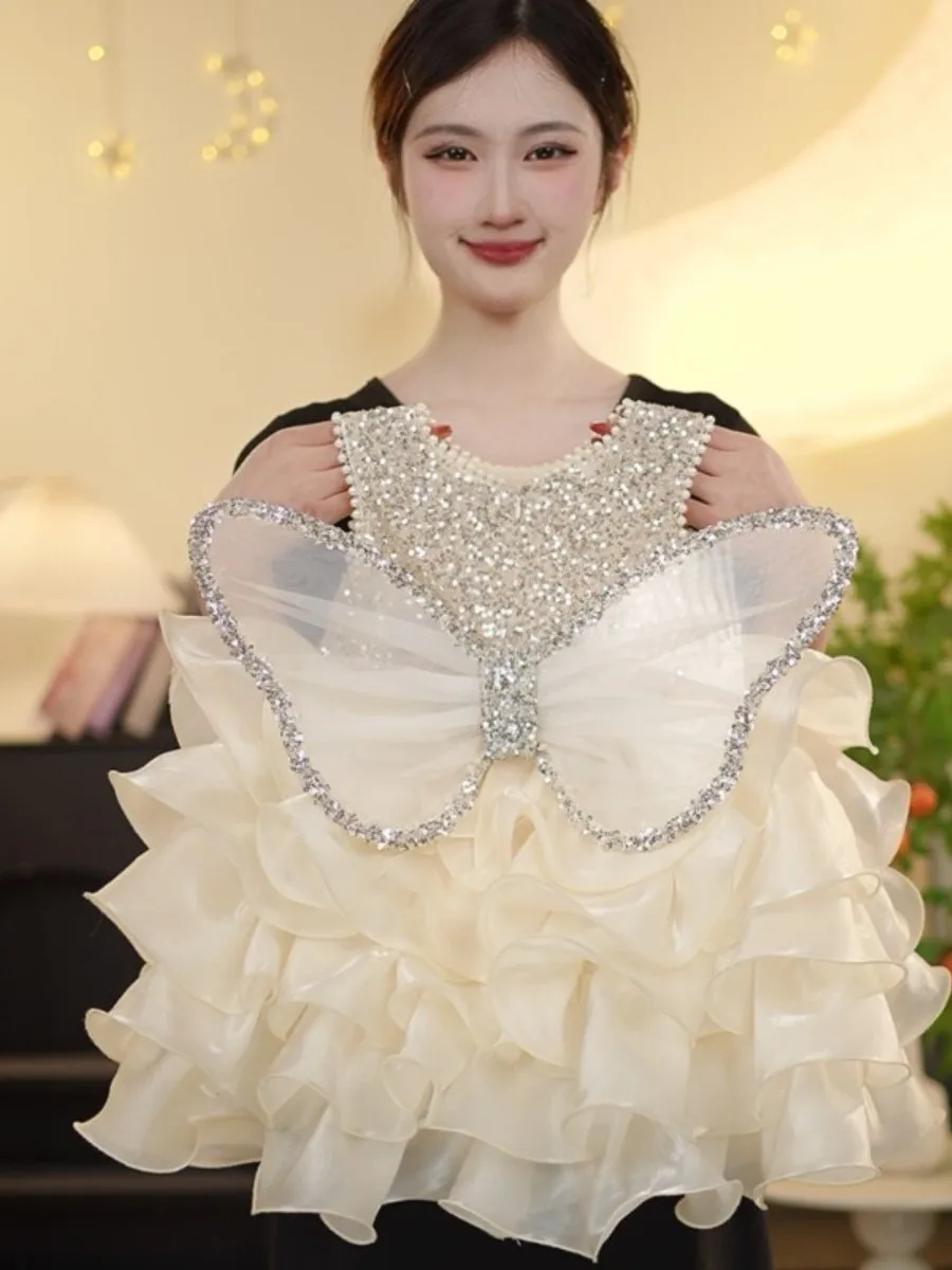 女の子の夏のケーキドレススパークリングプリンセススカートふわふわ袖ミディスカートポリエステル繊維誕生日パーティードレスソフトスタイル