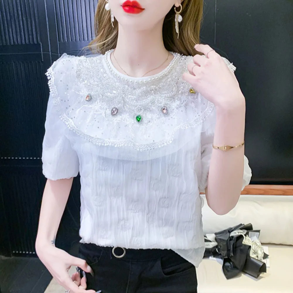 Sequined Shirts 2023 Summer New Blouses For Women Korean Style Beads Rhinestones Lace Straight Tops Female Sweet Chiffon Blusas