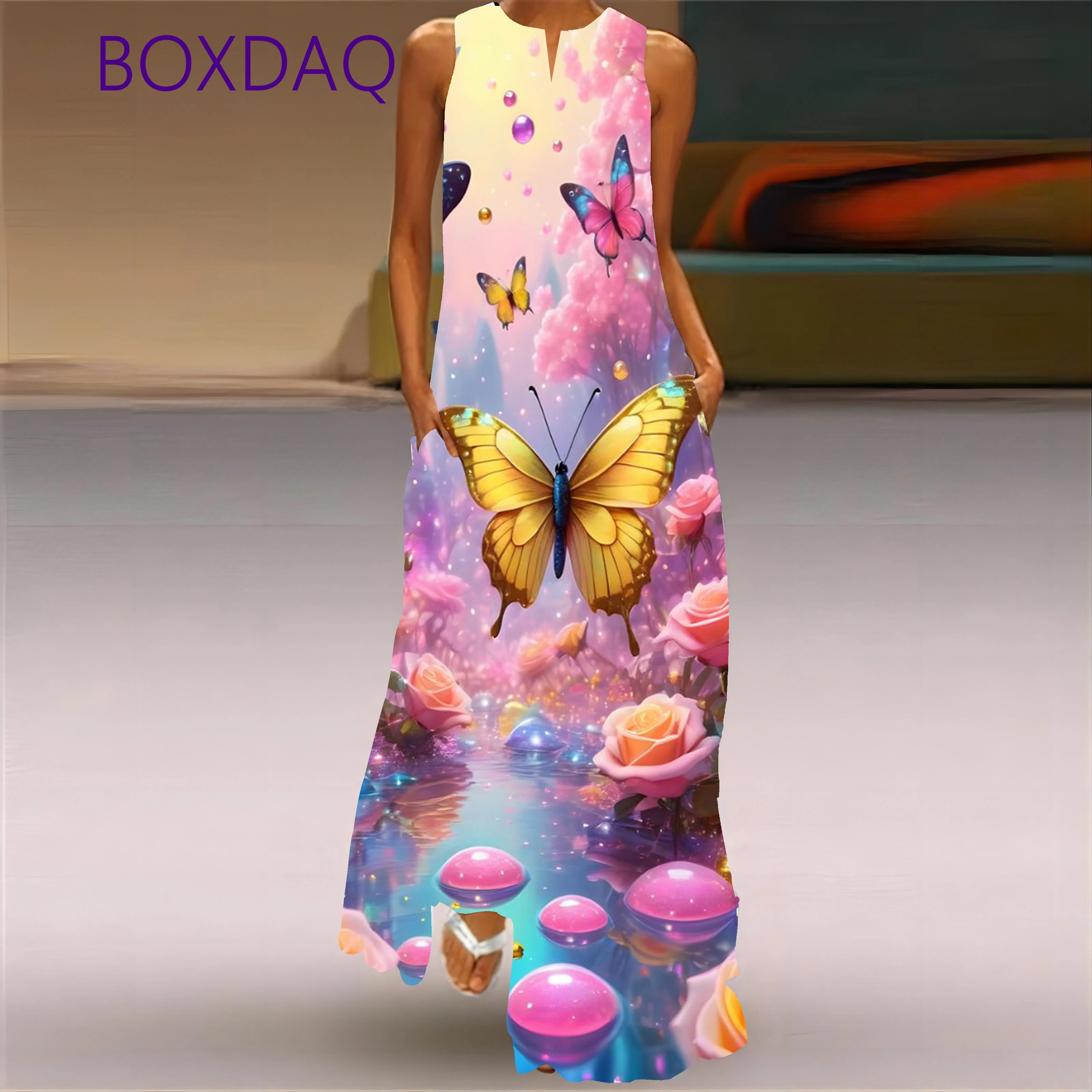 Elegant Floral Print Long Dress Women's Clothing 2025 New Spring Summer Sleeveless Sexy V-neck 3D Print Pattern Ladies Sundress
