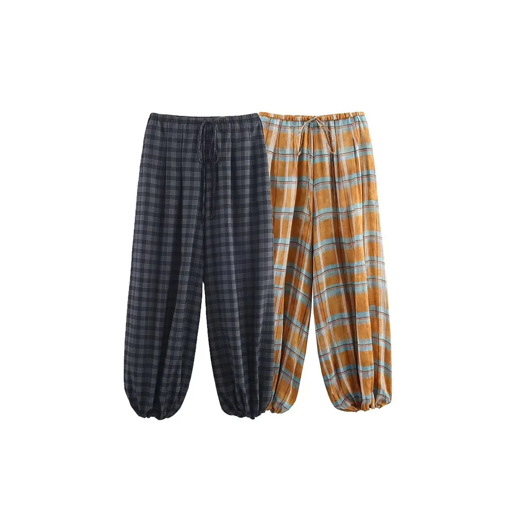 กางเกงพัฟเฟอร์ลายสก็อตแฟชั่นฤดูใบไม้ร่วงและฤดูหนาวใหม่สำหรับผู้หญิงที่เรียบง่ายและใช้งานได้หลากหลาย