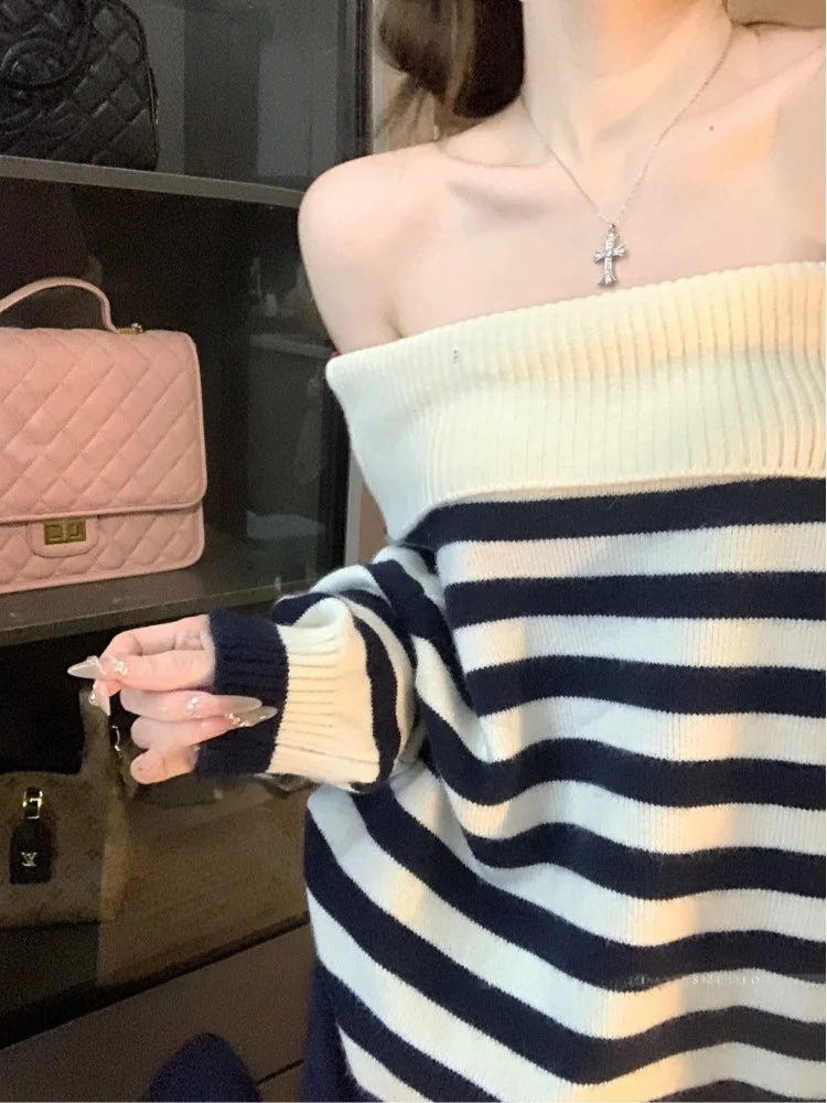 مخطط واحد يكتشف كسول طويل Sve محبوك سترة المرأة فضفاضة Faionable الخريف جديد Sle تخفيف فضفاضة تناسب تريكو