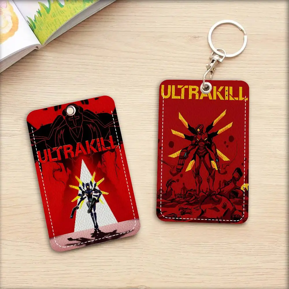 Anime Game U_ULTRAKILLs Rectangle ID Card Case Keychain Access Card Bag Key Tag Ring Leather Card Holder Key Ring Access