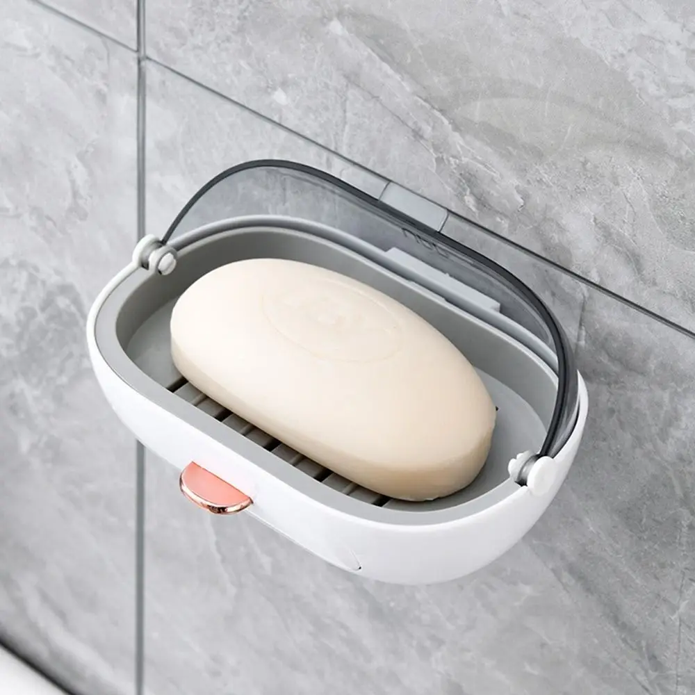 Plastic Flip-top Soap Dish Stand Self-Adhesive No Punching Clamshell Soap Holder Wall Mounted with Lid Draining Soap Holder Tub