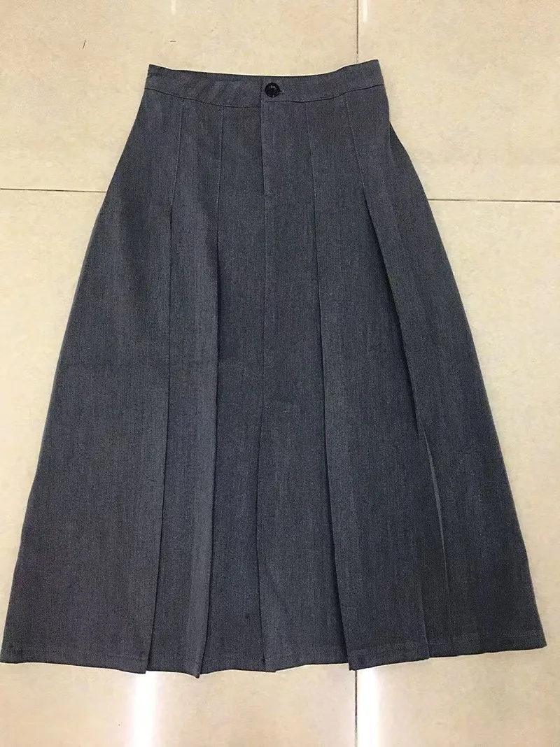 New 2025 Korean Long Pleated Skirt Women Spring Autumn Fashion Gray/Black Skirts for Woman