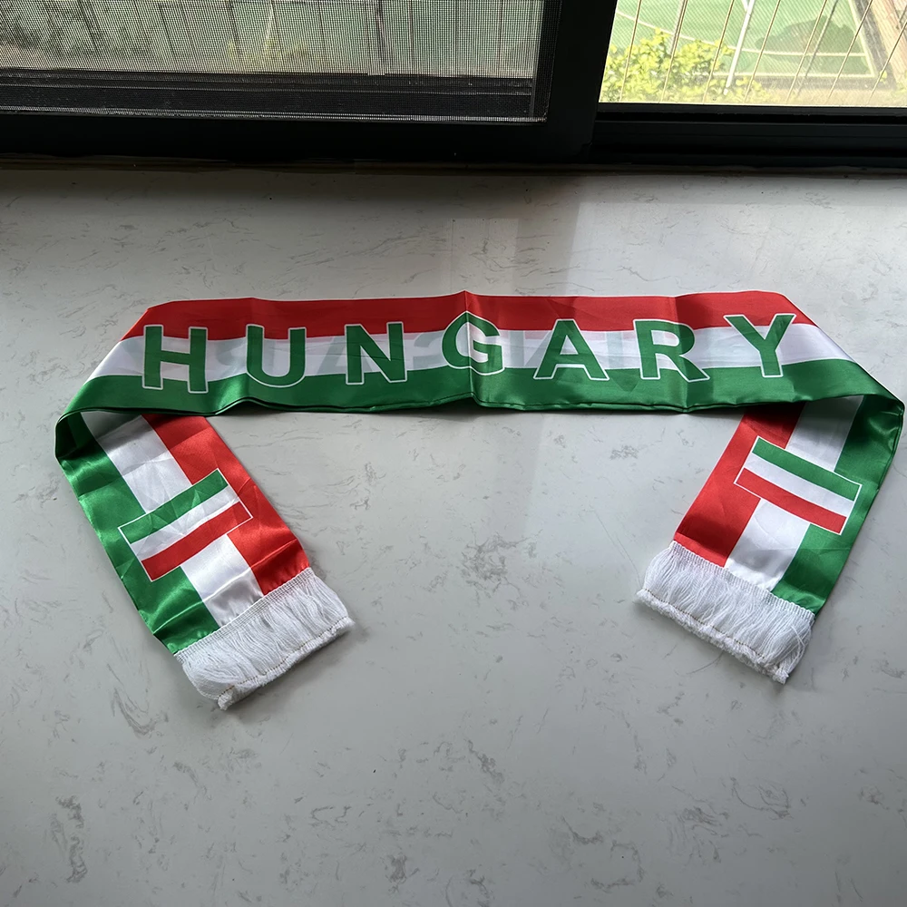 Hungary Scarf 14x135cm Double-sided Printed Satin Hungary Flag Scarf Tassels Suitable for Football, Sports, Events