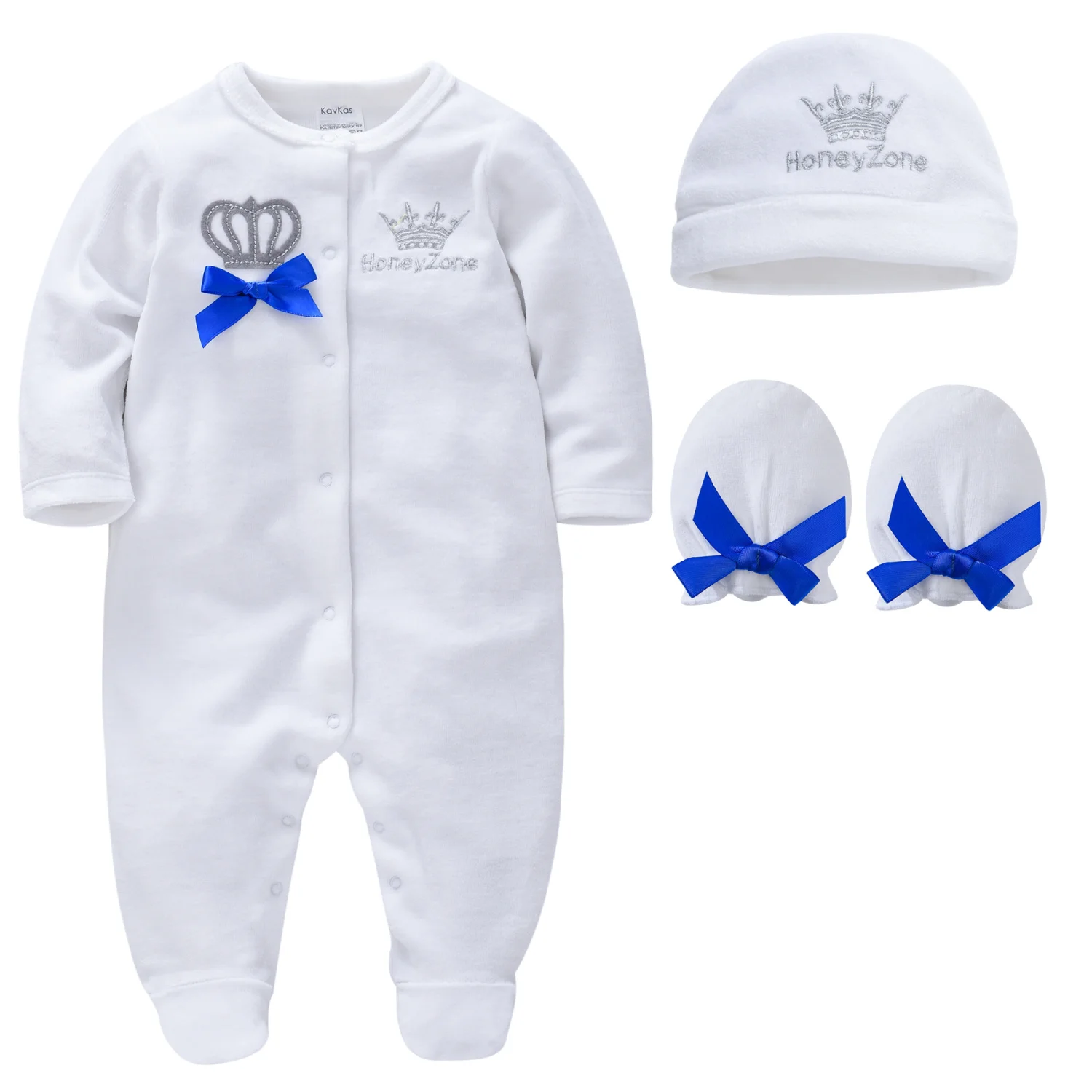 3Pcs Newborn Baby Velvet Footed Romper Crown Embroidery Blue Bow Hat Mittens Set Soft Warm Winter Infant Jumpsuit