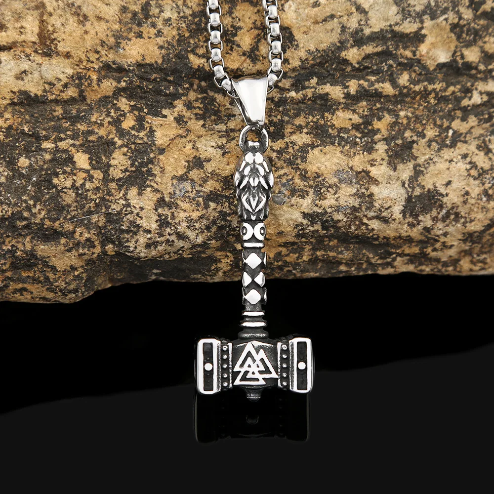 100pcs/lot New European and American Jewelry Wholesale Thor Hammer Rune Titanium Steel Necklace Men's Personalized Hip Hop Penda