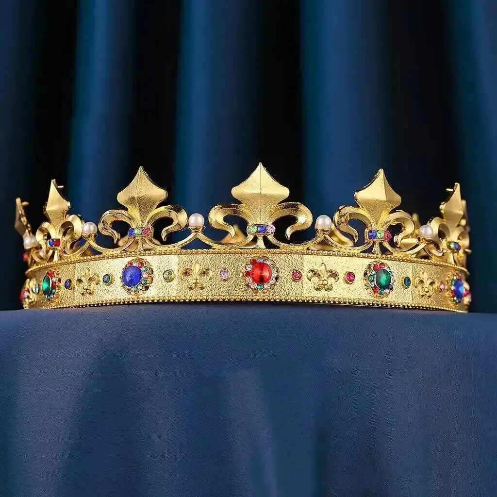 King Gold Tiaras Men Alloy Medieval Crown Crystal Round Witch Pageant Diadem Baroque Royal Costume Halloween European Headpieces