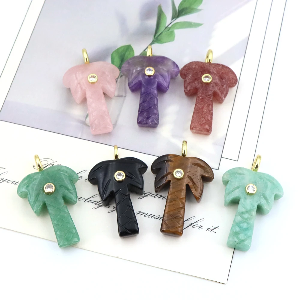 Natural Stone Coconut Tree Pendant with Zircon Crystal Gemstone Charms for Jewelry Making Handicrafts DIY Necklace Accessories