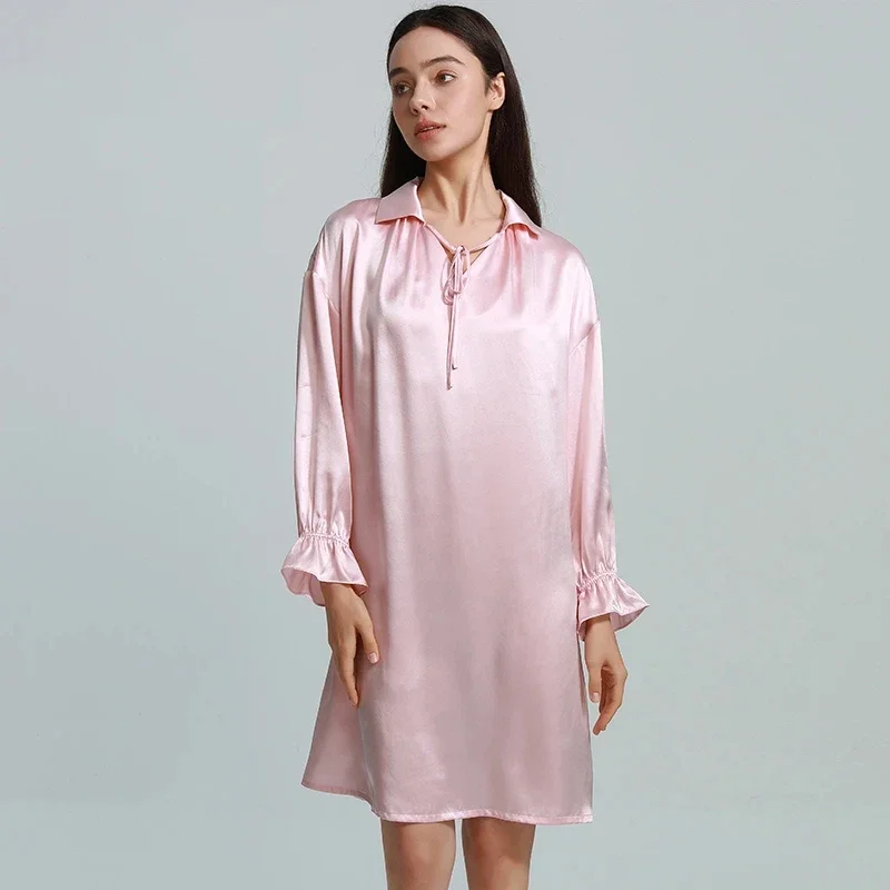 

19 мм рубашка из 100% тутового шелка, ночная рубашка, свободная сорочка с лацканами, домашняя одежда, ночная рубашка с длинными рукавами, пижамное платье, одежда для дома, одежда для сна
